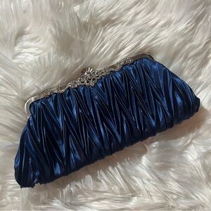 Navy blue satin clutch with silver